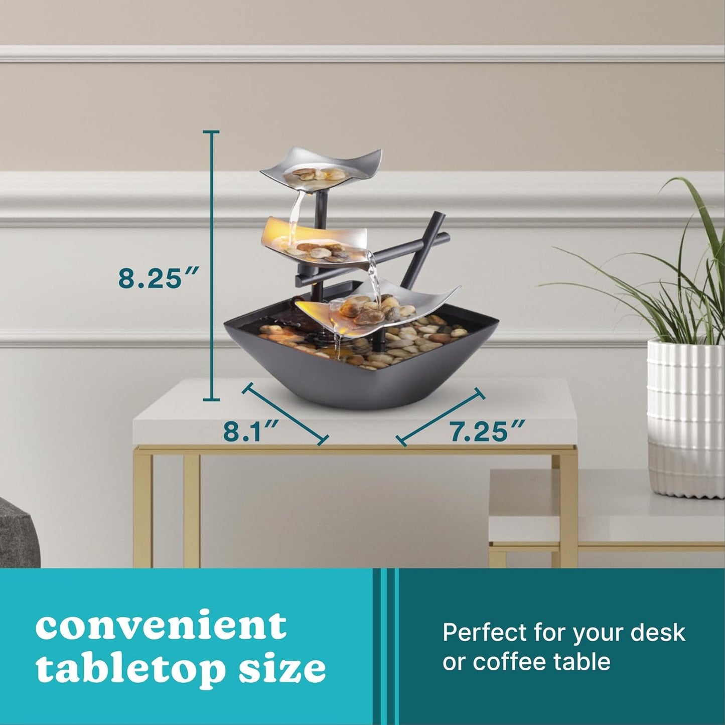 Indoor 3-Tier Relaxation Tabletop Fountain, Automatic Pump with Power Switch, Extra Deep Basin with Natural River Rocks and Reflective Lighting Feature, Envirascape Silver Springs