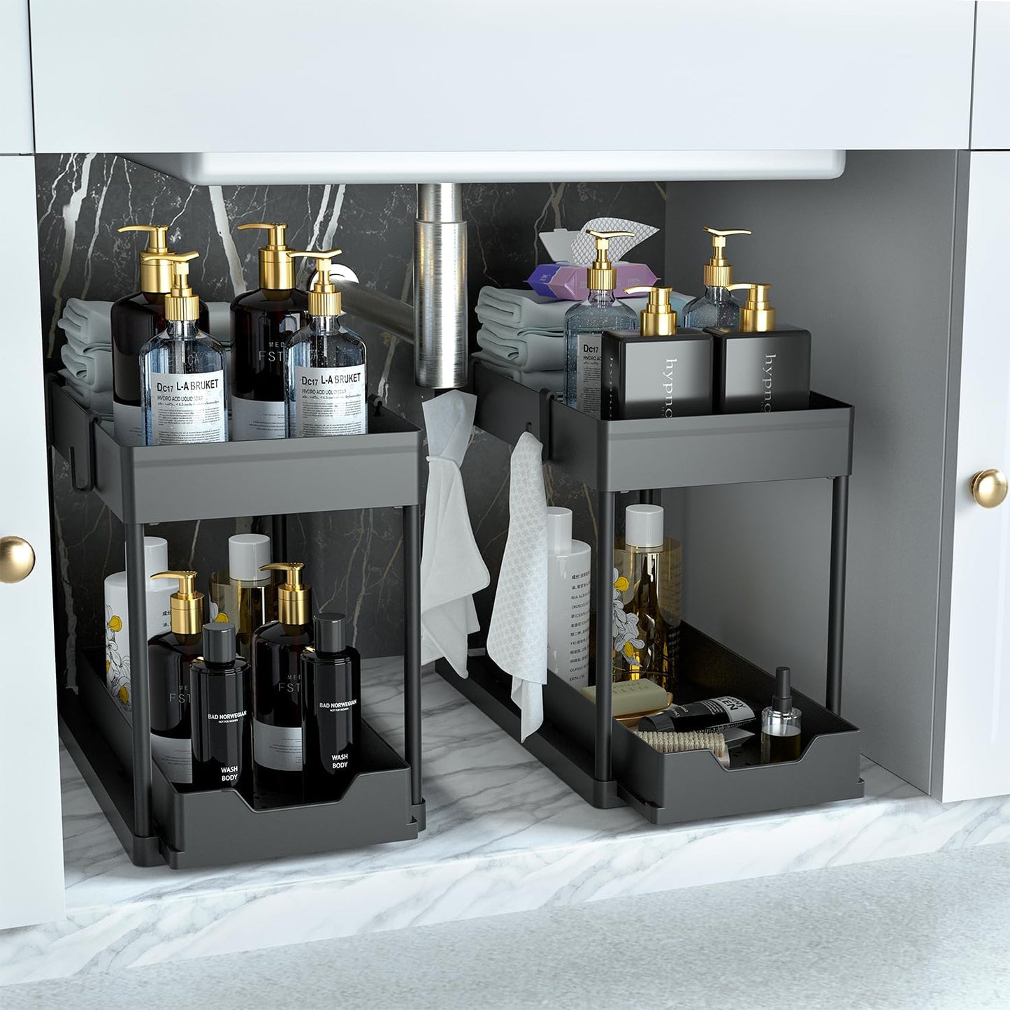 under Sink Organizer 2 Pack, Bathroom Organizers, 2 Tier Sliding Cabinet Basket Organizer Drawer, Multi-Purpose Bath Collection Baskets for Bathroom (Black)