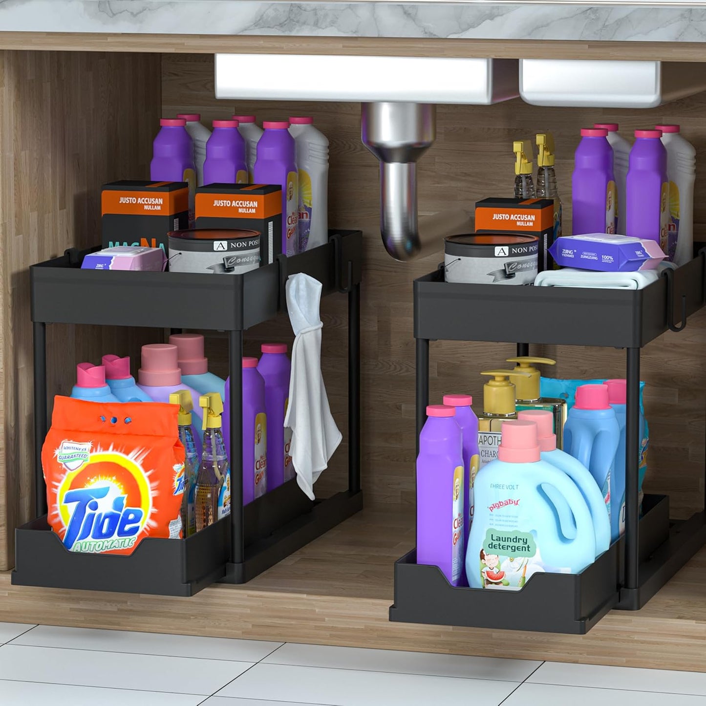 under Sink Organizer 2 Pack, Bathroom Organizers, 2 Tier Sliding Cabinet Basket Organizer Drawer, Multi-Purpose Bath Collection Baskets for Bathroom (Black)