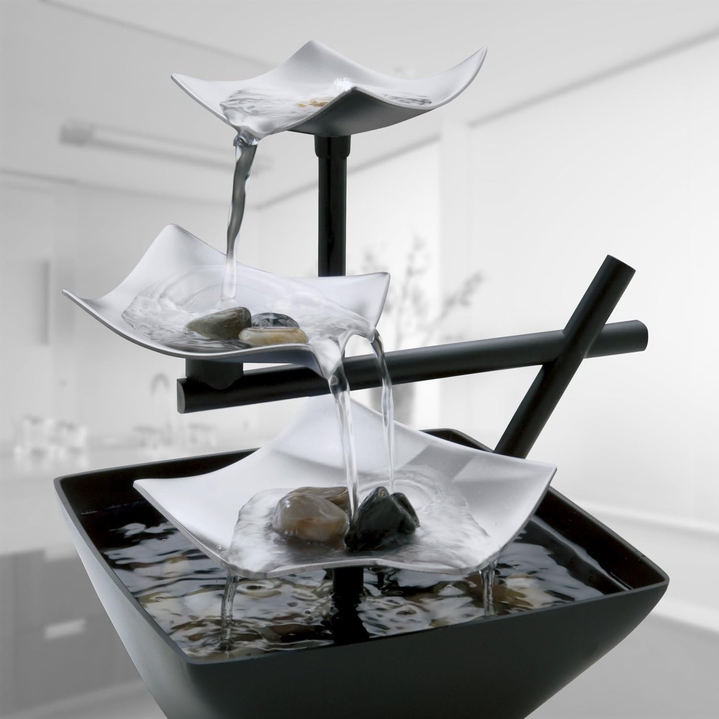 Indoor 3-Tier Relaxation Tabletop Fountain, Automatic Pump with Power Switch, Extra Deep Basin with Natural River Rocks and Reflective Lighting Feature, Envirascape Silver Springs