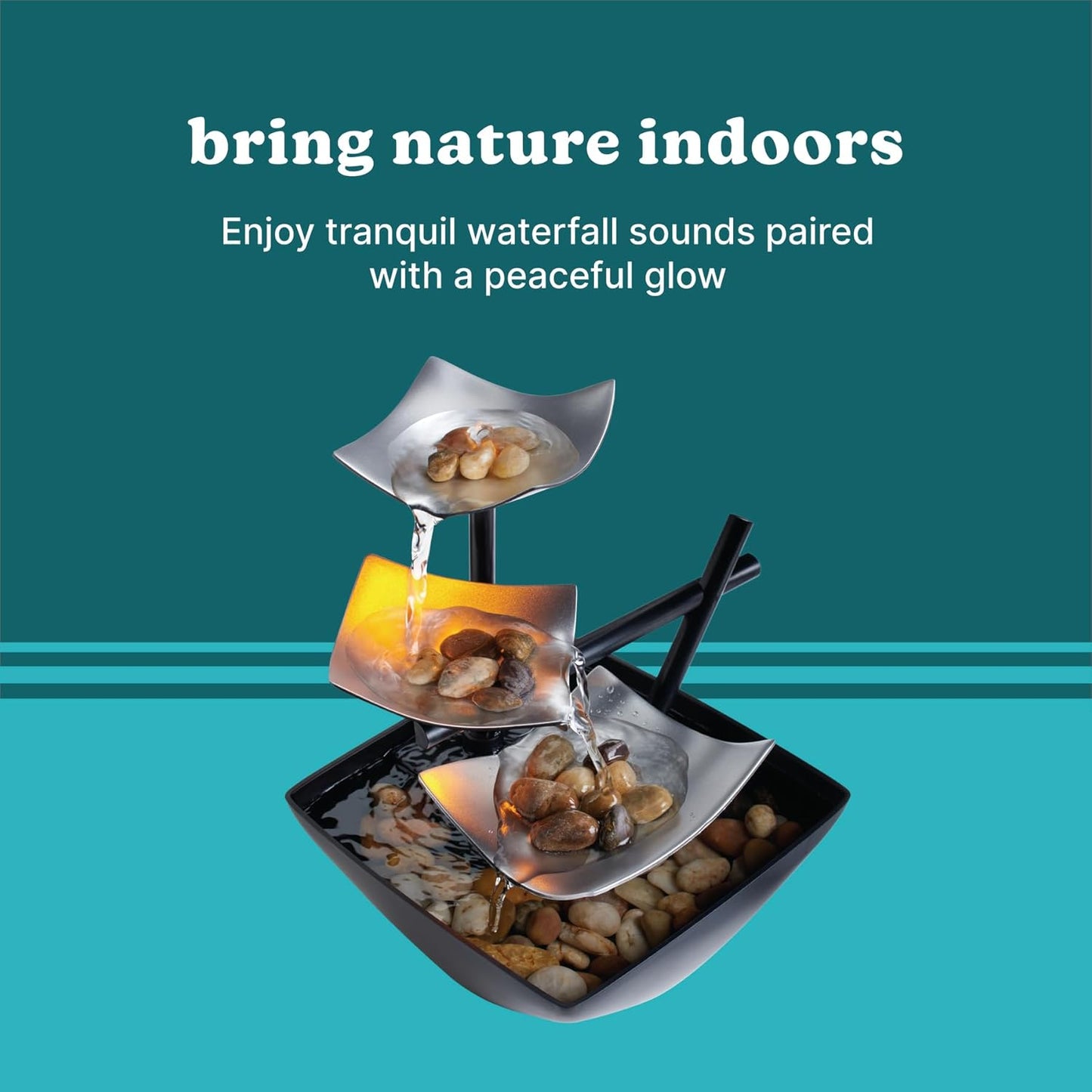 Indoor 3-Tier Relaxation Tabletop Fountain, Automatic Pump with Power Switch, Extra Deep Basin with Natural River Rocks and Reflective Lighting Feature, Envirascape Silver Springs