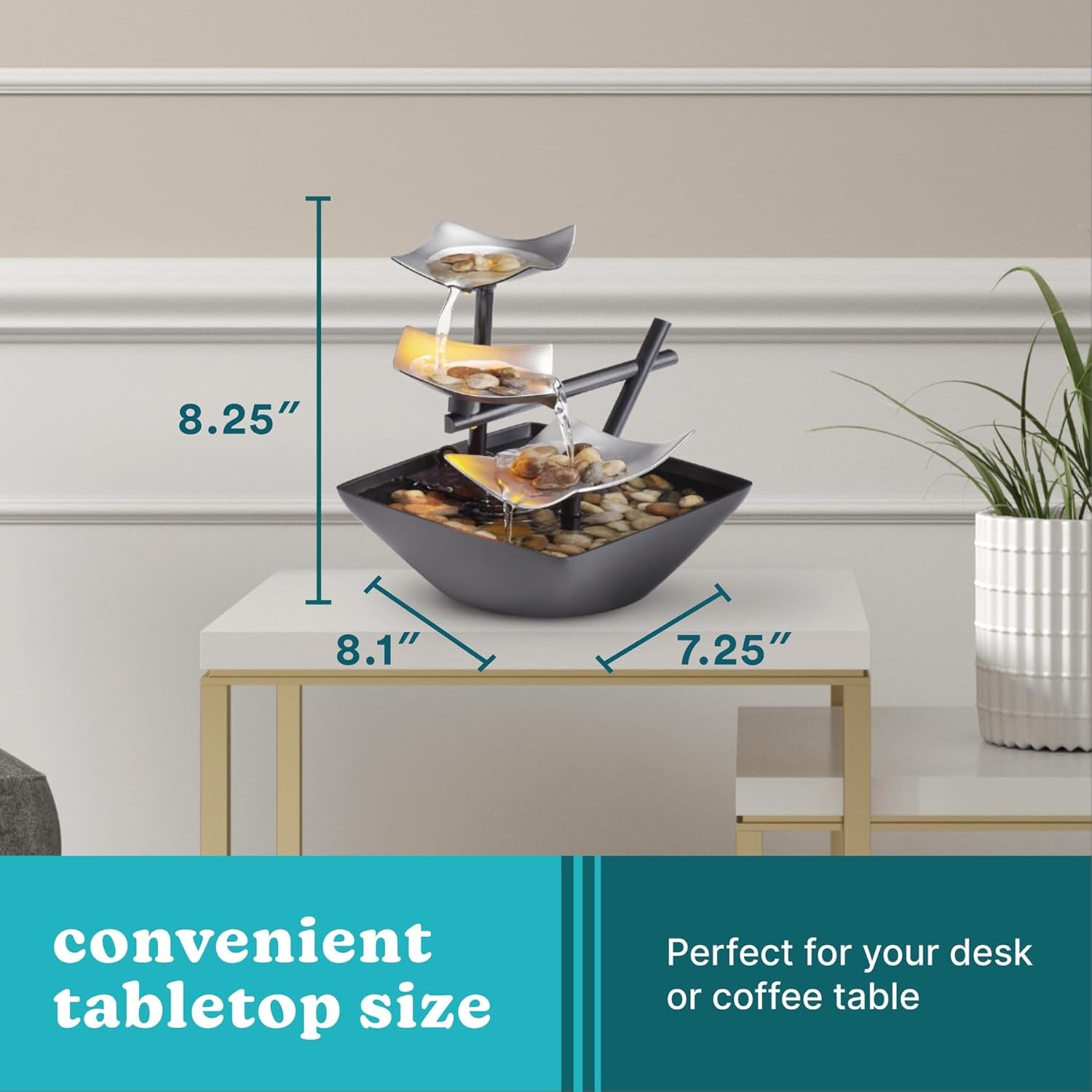 Indoor 3-Tier Relaxation Tabletop Fountain, Automatic Pump with Power Switch, Extra Deep Basin with Natural River Rocks and Reflective Lighting Feature, Envirascape Silver Springs