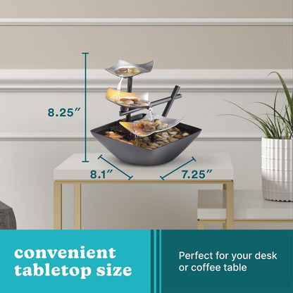 Indoor 3-Tier Relaxation Tabletop Fountain, Automatic Pump with Power Switch, Extra Deep Basin with Natural River Rocks and Reflective Lighting Feature, Envirascape Silver Springs