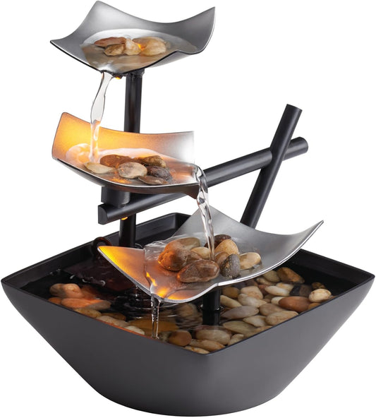 Indoor 3-Tier Relaxation Tabletop Fountain, Automatic Pump with Power Switch, Extra Deep Basin with Natural River Rocks and Reflective Lighting Feature, Envirascape Silver Springs