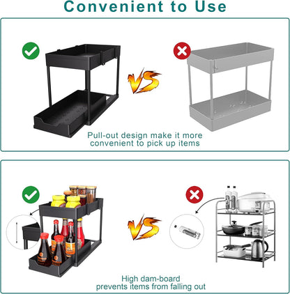 under Sink Organizer 2 Pack, Bathroom Organizers, 2 Tier Sliding Cabinet Basket Organizer Drawer, Multi-Purpose Bath Collection Baskets for Bathroom (Black)