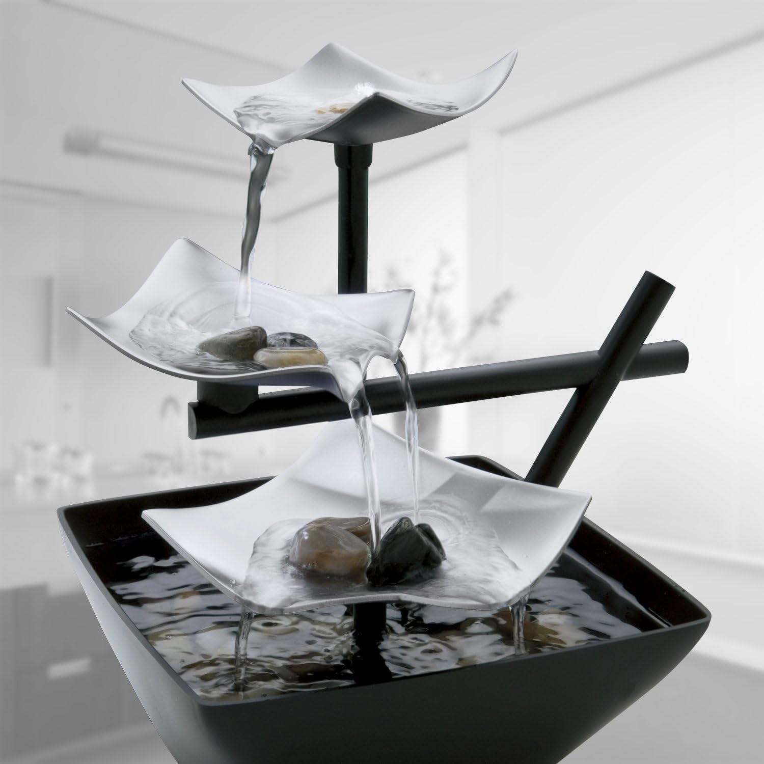Indoor 3-Tier Relaxation Tabletop Fountain, Automatic Pump with Power Switch, Extra Deep Basin with Natural River Rocks and Reflective Lighting Feature, Envirascape Silver Springs