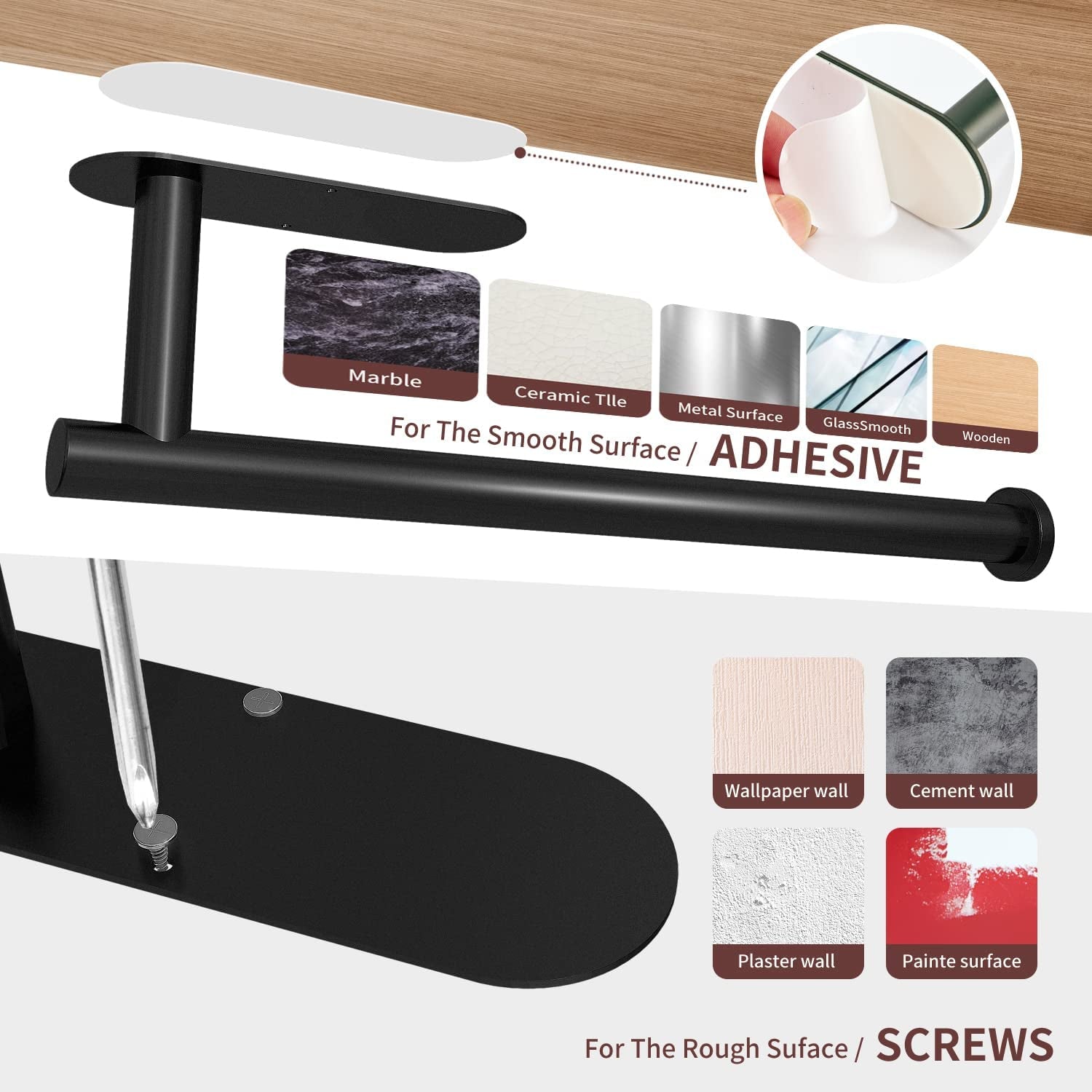 Paper Towel Holder under Cabinet Wall Mount for Kitchen Paper Towel, Self-Adhesive Paper Towel Bar, Paper Towel Rack, SUS304 Stainless Steel 13 Inch